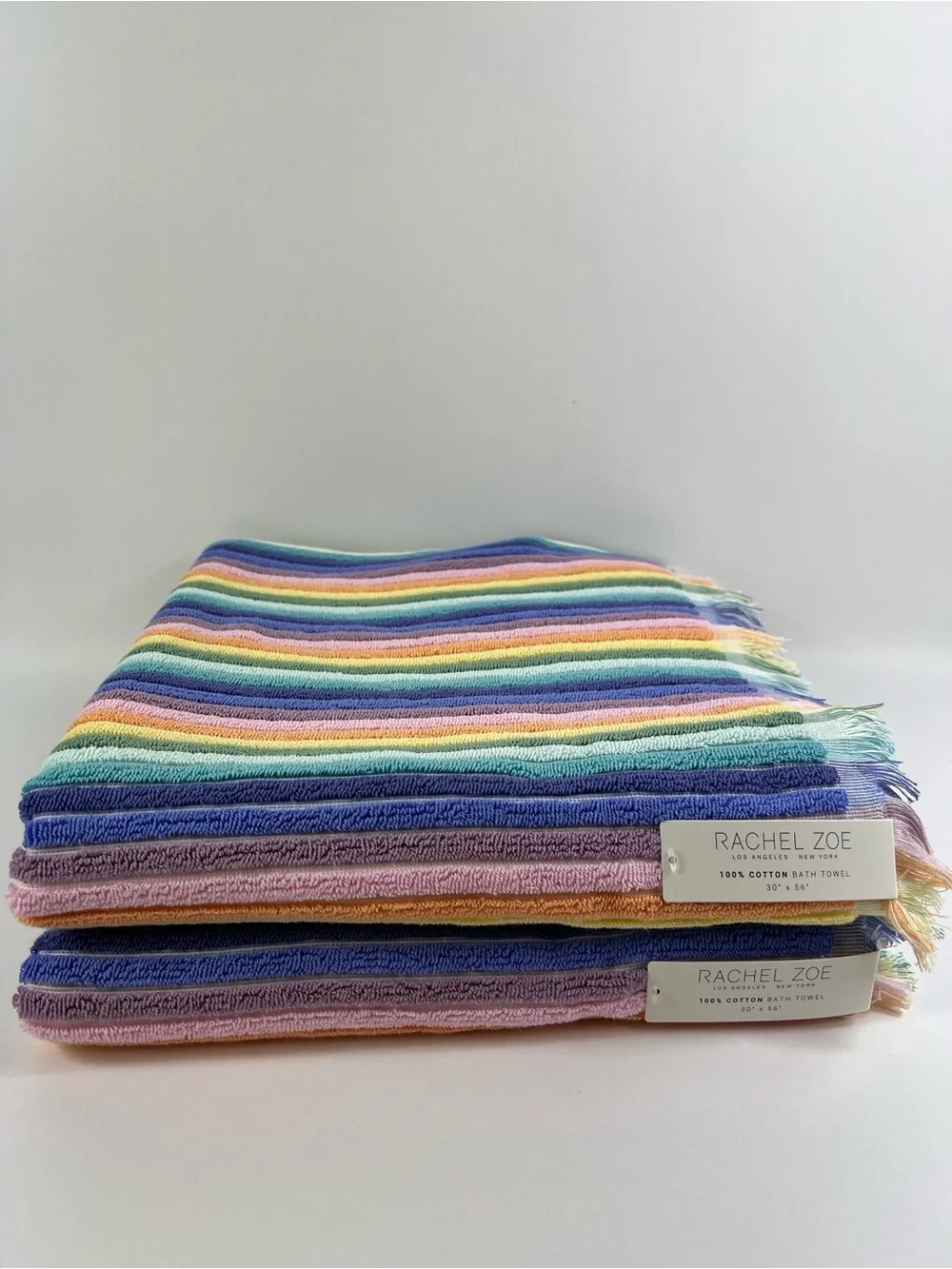 Rachel Zoe Bath Towels Rainbow Pastel Striped with Fringe Cotton Set of 2 NEW